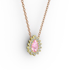 Pırlanta ve pembe kuvars 925 ayar altın kaplama gümüş kolye (0.1232 karat, 40 cm rose altın rolo zincir)