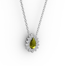 Pırlanta Katre Kolye - Pırlanta ve peridot 925 ayar gümüş kolye (0.1232 karat, 40 cm beyaz altın rolo zincir) #1ti8iul