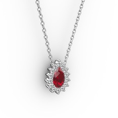 Pırlanta ve garnet 14 ayar beyaz altın kolye (0.1232 karat, 40 cm beyaz altın rolo zincir)