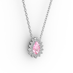Pırlanta ve pembe kuvars 18 ayar beyaz altın kolye (0.1232 karat, 40 cm beyaz altın rolo zincir)