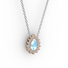 Pırlanta Katre Kolye - Pırlanta ve akuamarin 8 ayar rose altın kolye (0.1232 karat, 40 cm beyaz altın rolo zincir) #cy53ky