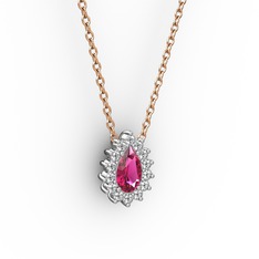 Pırlanta Katre Kolye - Pırlanta ve rodolit garnet 18 ayar beyaz altın kolye (0.1232 karat, 40 cm rose altın rolo zincir) #famy0x