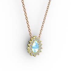Pırlanta Katre Kolye - Pırlanta ve akuamarin 18 ayar altın kolye (0.1232 karat, 40 cm rose altın rolo zincir) #hltc4c