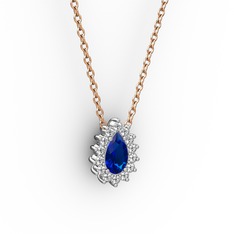 Pırlanta ve lab safir 925 ayar gümüş kolye (0.1232 karat, 40 cm rose altın rolo zincir)