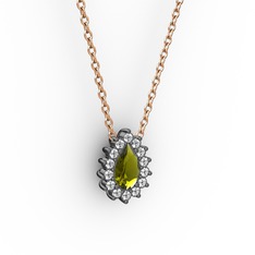 Pırlanta Katre Kolye - Pırlanta ve peridot 925 ayar siyah rodyum kaplama gümüş kolye (0.1232 karat, 40 cm rose altın rolo zincir) #m3xb2h