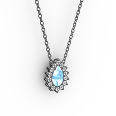 Pırlanta Katre Kolye - Pırlanta ve akuamarin 925 ayar siyah rodyum kaplama gümüş kolye (0.1232 karat, 40 cm gümüş rolo zincir) #msq47b