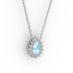 Pırlanta Katre Kolye - Pırlanta ve akuamarin 8 ayar beyaz altın kolye (0.1232 karat, 40 cm beyaz altın rolo zincir) #ovrldg
