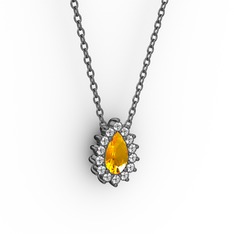 Pırlanta Katre Kolye - Pırlanta ve sitrin 925 ayar siyah rodyum kaplama gümüş kolye (0.1232 karat, 40 cm gümüş rolo zincir) #zjpk64