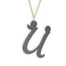 Ü Harf Kolye - 925 ayar siyah rodyum kaplama gümüş kolye (40 cm altın rolo zincir) #1cgjq8u