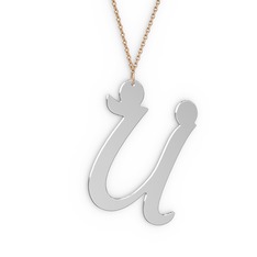 Ü Harf Kolye - 18 ayar beyaz altın kolye (40 cm rose altın rolo zincir) #1lca4zs