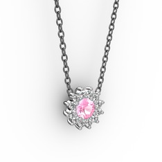 Pembe kuvars ve pırlanta 18 ayar beyaz altın kolye (0.1056 karat, 40 cm gümüş rolo zincir)
