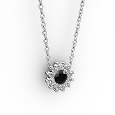 Pırlanta Çiçek Kolye - Siyah zirkon ve pırlanta 925 ayar gümüş kolye (0.1056 karat, 40 cm beyaz altın rolo zincir) #12bfzwq