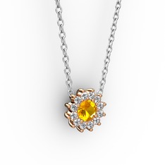 Pırlanta Çiçek Kolye - Sitrin ve pırlanta 14 ayar rose altın kolye (0.1056 karat, 40 cm gümüş rolo zincir) #14yqdna
