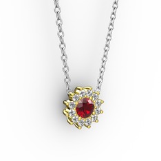 Pırlanta Çiçek Kolye - Garnet ve pırlanta 18 ayar altın kolye (0.1056 karat, 40 cm gümüş rolo zincir) #16zxyqp