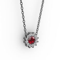 Pırlanta Çiçek Kolye - Garnet ve pırlanta 925 ayar siyah rodyum kaplama gümüş kolye (0.1056 karat, 40 cm gümüş rolo zincir) #187a5mf