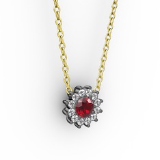 Pırlanta Çiçek Kolye - Garnet ve pırlanta 925 ayar siyah rodyum kaplama gümüş kolye (0.1056 karat, 40 cm gümüş rolo zincir) #192h6um