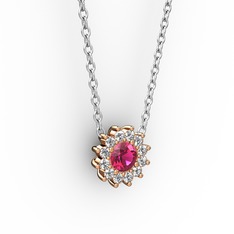 Pırlanta Çiçek Kolye - Rodolit garnet ve pırlanta 18 ayar rose altın kolye (0.1056 karat, 40 cm beyaz altın rolo zincir) #1cozwml