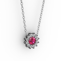 Pırlanta Çiçek Kolye - Rodolit garnet ve pırlanta 925 ayar siyah rodyum kaplama gümüş kolye (0.1056 karat, 40 cm beyaz altın rolo zincir) #1eyk050