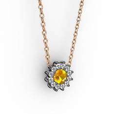 Sitrin ve pırlanta 925 ayar siyah rodyum kaplama gümüş kolye (0.1056 karat, 40 cm rose altın rolo zincir)