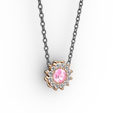 Pırlanta Çiçek Kolye - Pembe kuvars ve pırlanta 8 ayar rose altın kolye (0.1056 karat, 40 cm gümüş rolo zincir) #1mck2xb