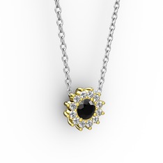 Pırlanta Çiçek Kolye - Siyah zirkon ve pırlanta 14 ayar altın kolye (0.1056 karat, 40 cm beyaz altın rolo zincir) #1mdtb9a