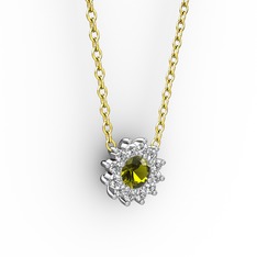 Peridot ve pırlanta 925 ayar gümüş kolye (0.1056 karat, 40 cm altın rolo zincir)