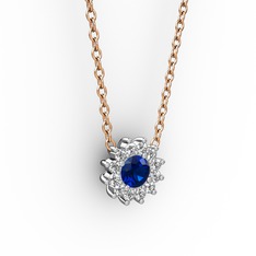 Pırlanta Çiçek Kolye - Lab safir ve pırlanta 8 ayar beyaz altın kolye (0.1056 karat, 40 cm rose altın rolo zincir) #1o28hg0