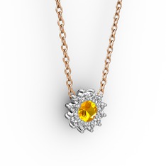 Pırlanta Çiçek Kolye - Sitrin ve pırlanta 18 ayar beyaz altın kolye (0.1056 karat, 40 cm rose altın rolo zincir) #1qlpdu6