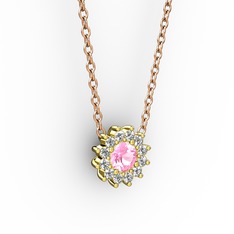 Pembe kuvars ve pırlanta 925 ayar altın kaplama gümüş kolye (0.1056 karat, 40 cm rose altın rolo zincir)