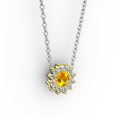 Pırlanta Çiçek Kolye - Sitrin ve pırlanta 18 ayar altın kolye (0.1056 karat, 40 cm gümüş rolo zincir) #1rfv5kw