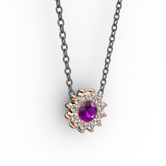Ametist ve pırlanta 925 ayar rose altın kaplama gümüş kolye (0.1056 karat, 40 cm gümüş rolo zincir)