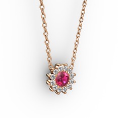 Pırlanta Çiçek Kolye - Rodolit garnet ve pırlanta 14 ayar rose altın kolye (0.1056 karat, 40 cm rose altın rolo zincir) #1wvf6ct