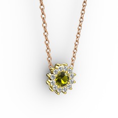 Pırlanta Çiçek Kolye - Peridot ve pırlanta 14 ayar altın kolye (0.1056 karat, 40 cm rose altın rolo zincir) #1wwsuh