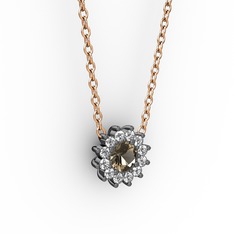 Dumanlı kuvars ve pırlanta 925 ayar siyah rodyum kaplama gümüş kolye (0.1056 karat, 40 cm rose altın rolo zincir)