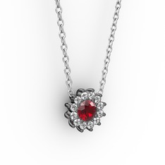 Pırlanta Çiçek Kolye - Garnet ve pırlanta 925 ayar siyah rodyum kaplama gümüş kolye (0.1056 karat, 40 cm gümüş rolo zincir) #3nirvt