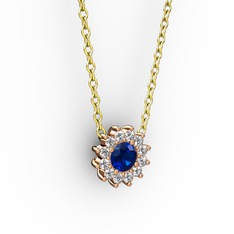 Lab safir ve pırlanta 14 ayar rose altın kolye (0.1056 karat, 40 cm altın rolo zincir)