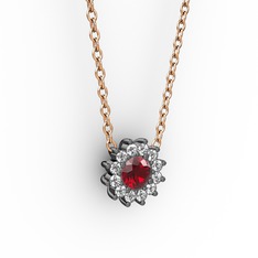 Pırlanta Çiçek Kolye - Garnet ve pırlanta 925 ayar siyah rodyum kaplama gümüş kolye (0.1056 karat, 40 cm rose altın rolo zincir) #69ldka