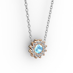 Akuamarin ve pırlanta 925 ayar rose altın kaplama gümüş kolye (0.1056 karat, 40 cm beyaz altın rolo zincir)