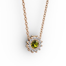 Peridot ve pırlanta 925 ayar rose altın kaplama gümüş kolye (0.1056 karat, 40 cm rose altın rolo zincir)