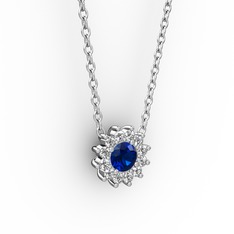 Lab safir ve pırlanta 925 ayar gümüş kolye (0.1056 karat, 40 cm beyaz altın rolo zincir)