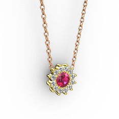 Pırlanta Çiçek Kolye - Rodolit garnet ve pırlanta 8 ayar altın kolye (0.1056 karat, 40 cm rose altın rolo zincir) #f69k13