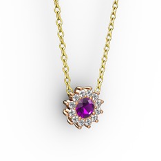 Ametist ve pırlanta 18 ayar rose altın kolye (0.1056 karat, 40 cm gümüş rolo zincir)