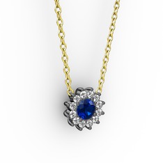 Lab safir ve pırlanta 925 ayar siyah rodyum kaplama gümüş kolye (0.1056 karat, 40 cm altın rolo zincir)
