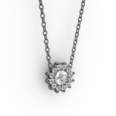 Pırlanta Çiçek Kolye - Swarovski ve pırlanta 925 ayar siyah rodyum kaplama gümüş kolye (0.1056 karat, 40 cm gümüş rolo zincir) #iu3srs