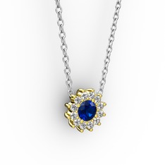 Lab safir ve pırlanta 925 ayar altın kaplama gümüş kolye (0.1056 karat, 40 cm beyaz altın rolo zincir)