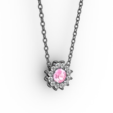 Pırlanta Çiçek Kolye - Pembe kuvars ve pırlanta 925 ayar siyah rodyum kaplama gümüş kolye (0.1056 karat, 40 cm gümüş rolo zincir) #l4yc8c