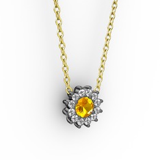 Pırlanta Çiçek Kolye - Sitrin ve pırlanta 925 ayar siyah rodyum kaplama gümüş kolye (0.1056 karat, 40 cm altın rolo zincir) #mebgr3