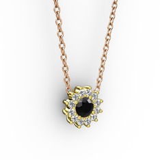 Pırlanta Çiçek Kolye - Siyah zirkon ve pırlanta 14 ayar altın kolye (0.1056 karat, 40 cm gümüş rolo zincir) #oar9bl