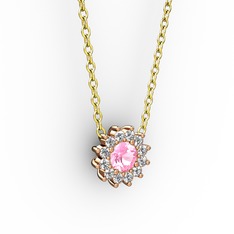 Pırlanta Çiçek Kolye - Pembe kuvars ve pırlanta 8 ayar rose altın kolye (0.1056 karat, 40 cm altın rolo zincir) #obzx1c