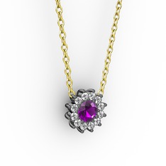 Ametist ve pırlanta 925 ayar siyah rodyum kaplama gümüş kolye (0.1056 karat, 40 cm altın rolo zincir)